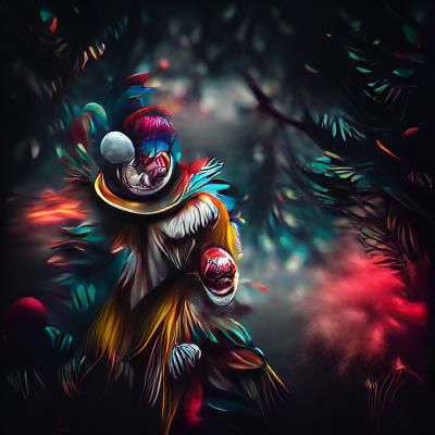 Eerie Clown in Dark Wood: Maximalist 8K Art