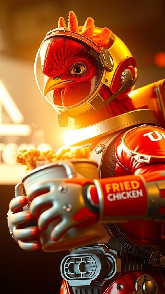 Astronaut Rooster with Fried Chicken Bucket in Space