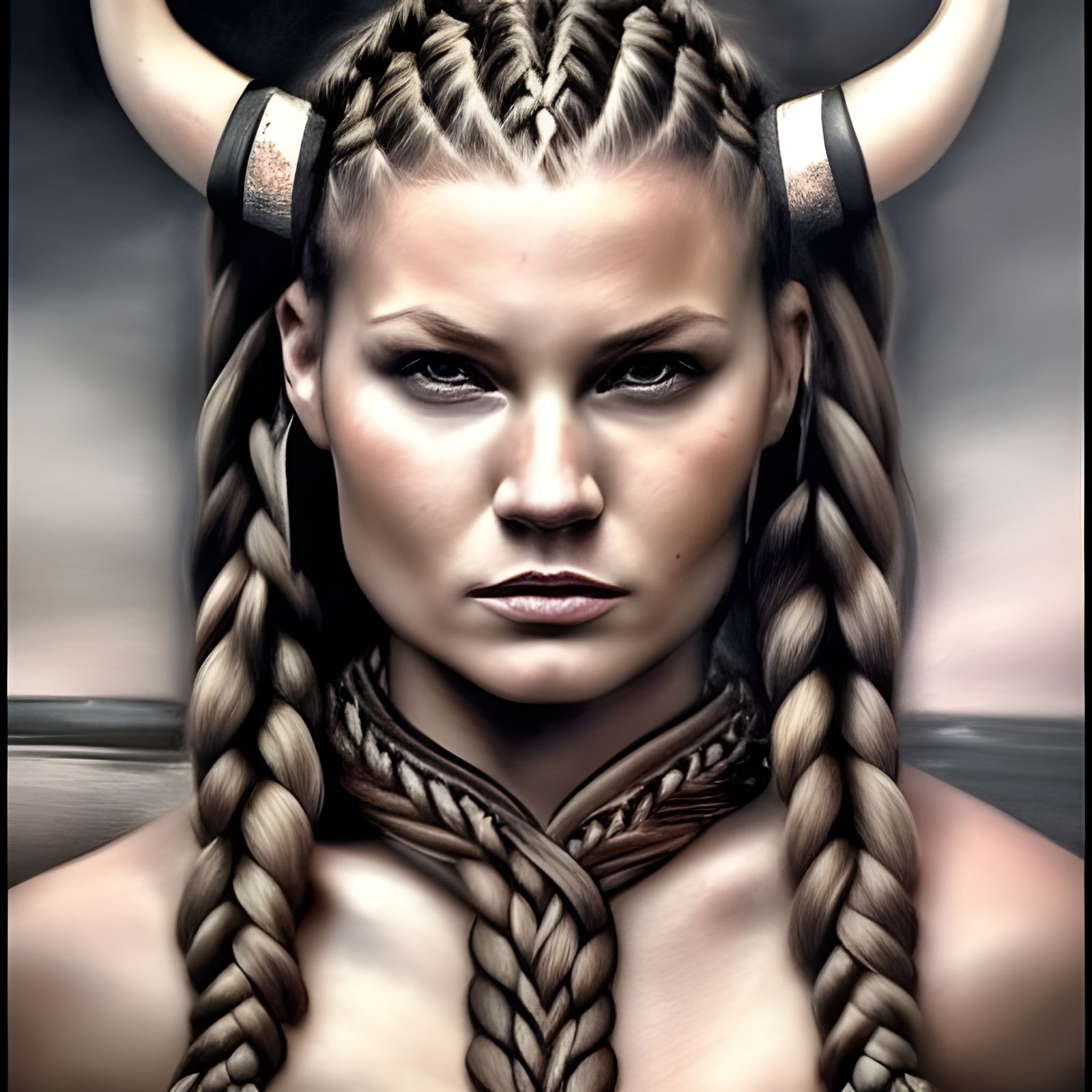 Fierce Viking Woman Portrait in Oil Painting Style
