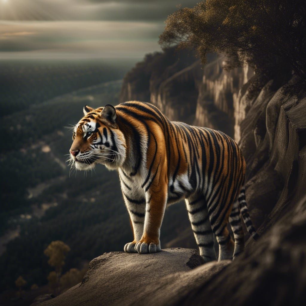 Hyperrealistic Tiger Overlooks His Land From Cliff Edge