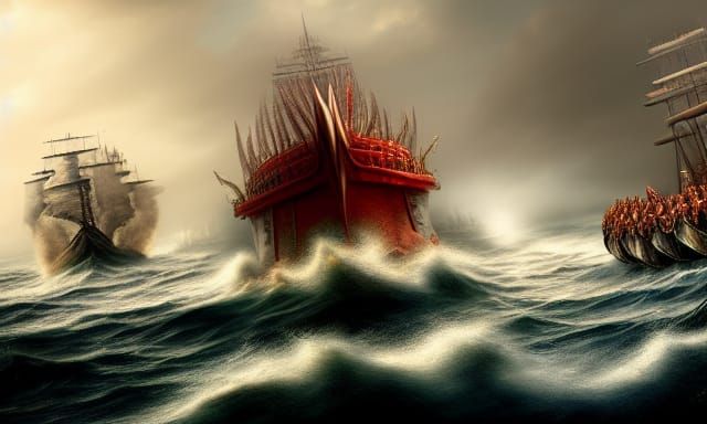 Red Roman Warship Rams Enemy Ship in Battle