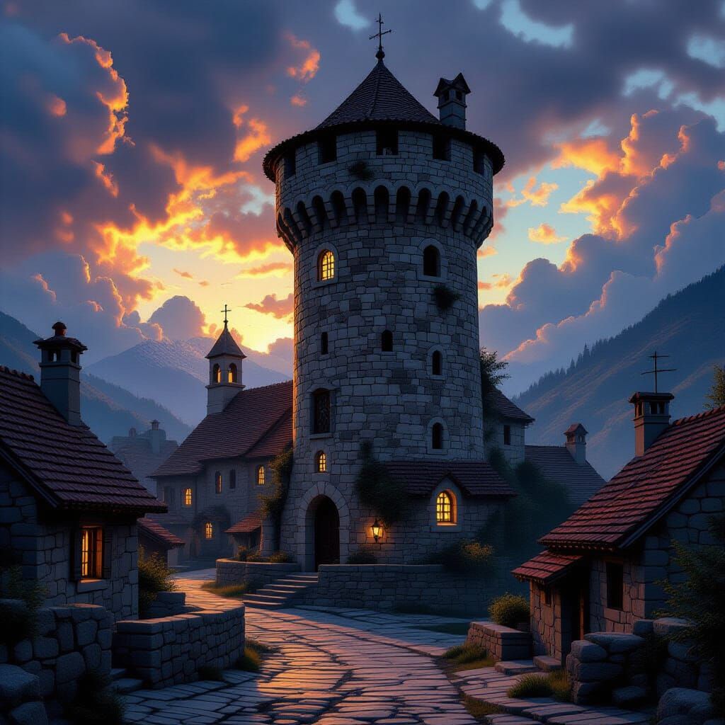Ancient Watchtower Over Stone Village, Hyperrealistic Style