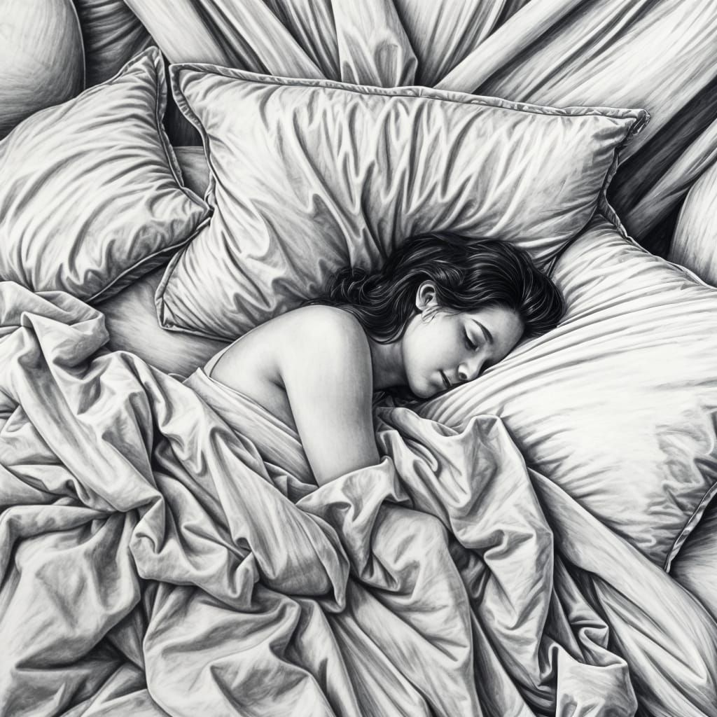 Peaceful Sleep: Detailed Charcoal Drawing in Lush Bed
