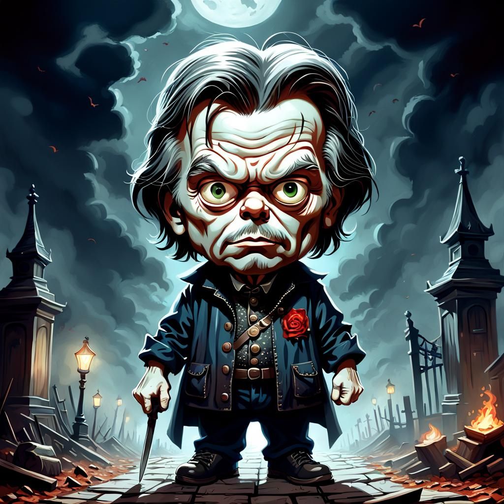 Dark Fantasy Chibi Stephen King in Gothic Horror Style