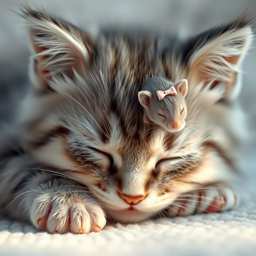 Photorealistic Kitten Sleeping with Mouse, Soft Light
