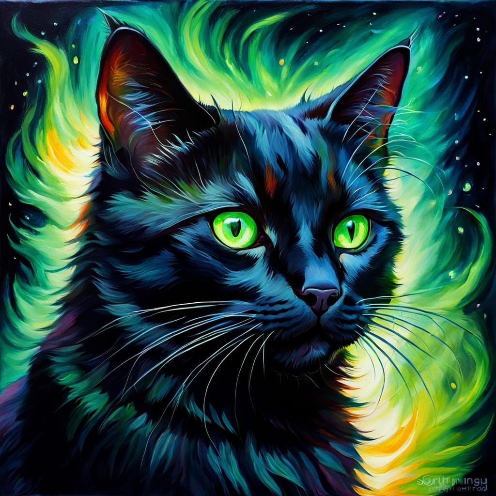 Black Cat Purrs in Surrealist Oil Painting