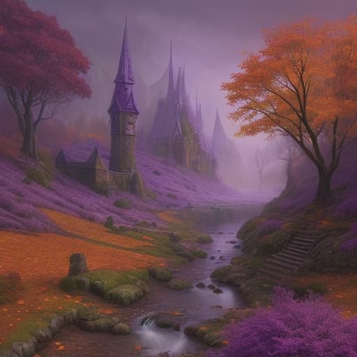 Purple Fantasy Autumn Landscape: Digital Rendering
