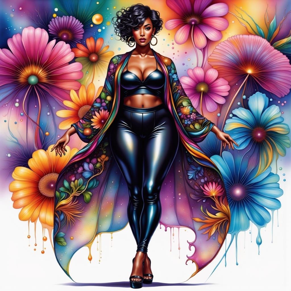 Stylish Black Woman in Flowing Kimono - Cartoon Style