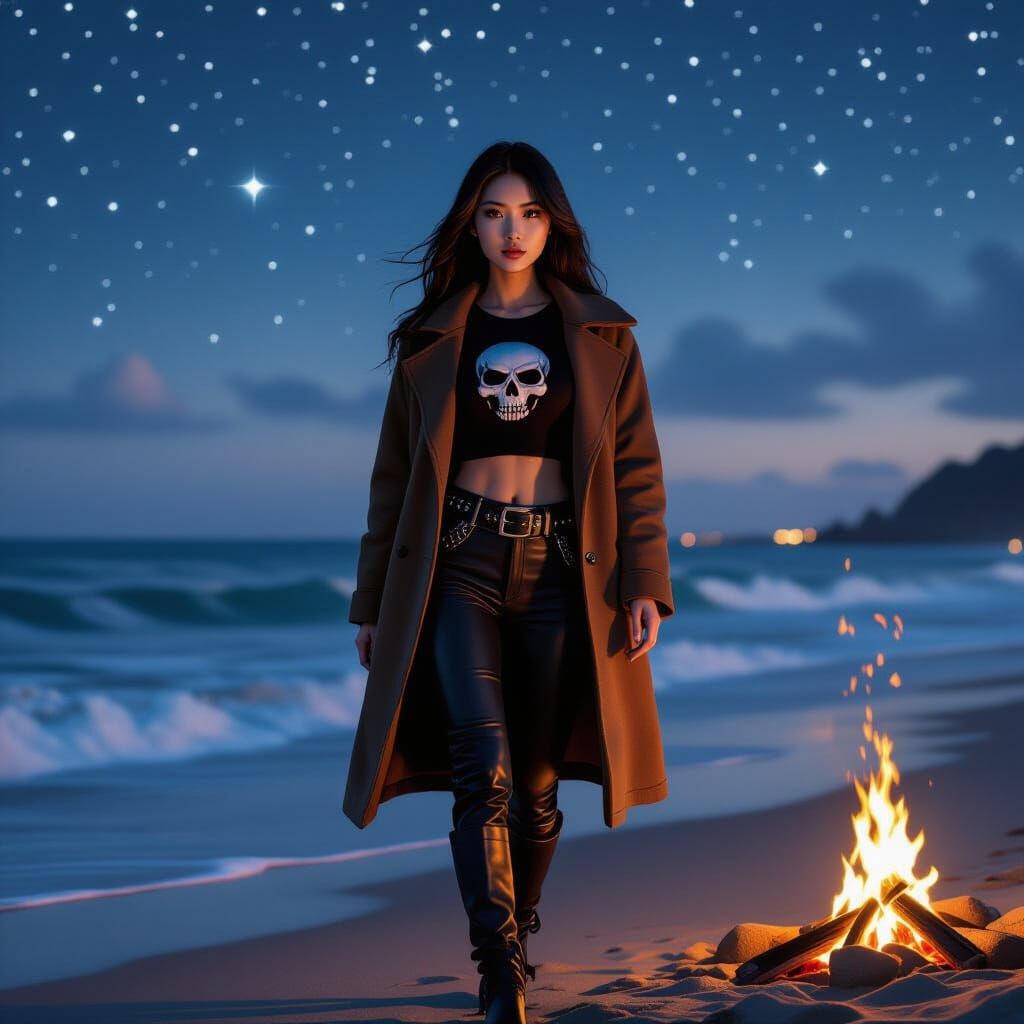 Woman by Bonfire Under Starry Night Sky