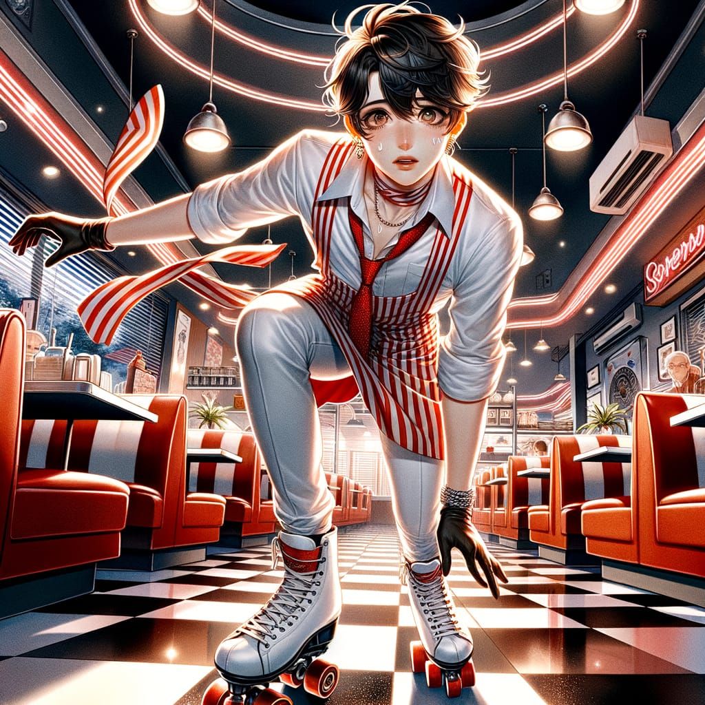 Anime Boy Waiter's Diner Mishap, Woodblock Print Style