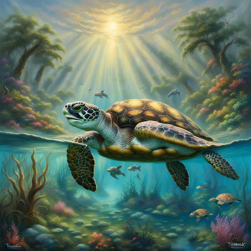 Giant Sea Turtle in Ethereal Fantasy Ocean