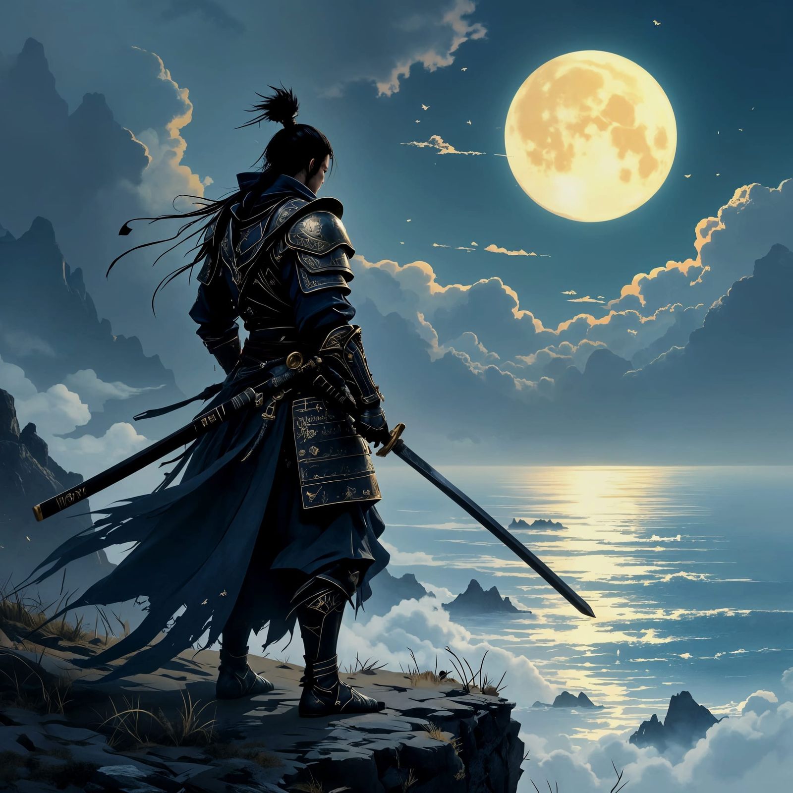 Samurai Warrior on Cliff Edge in Dark Fantasy Style