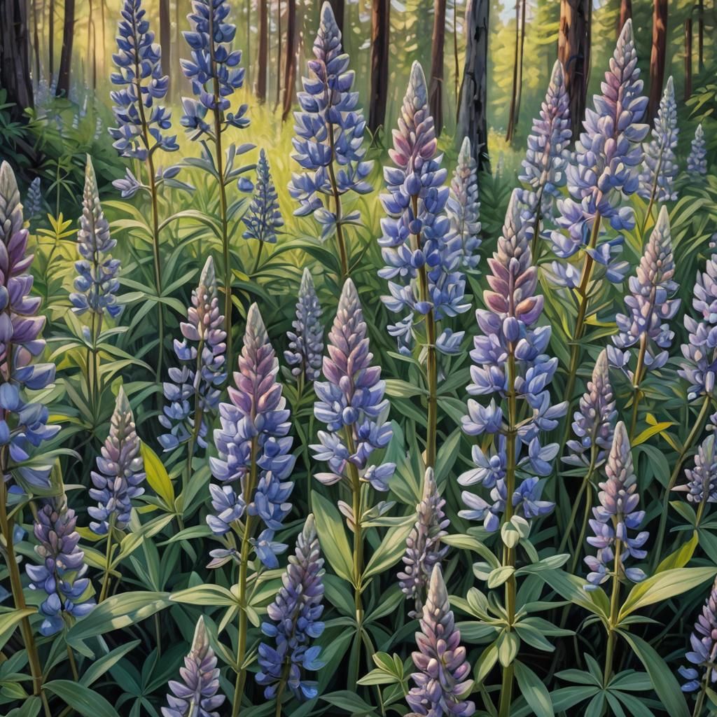 Silvery Lupines in Forest: Photorealistic Oil Painting