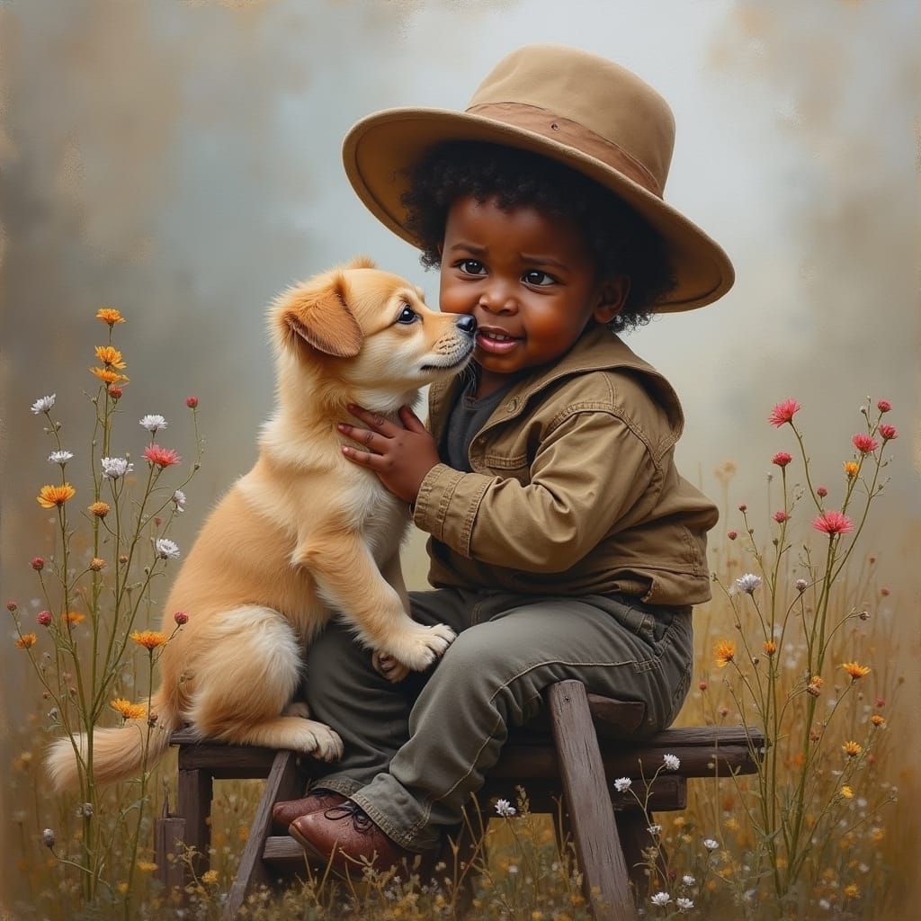 Child and Dog Embrace in Oil Painting Style