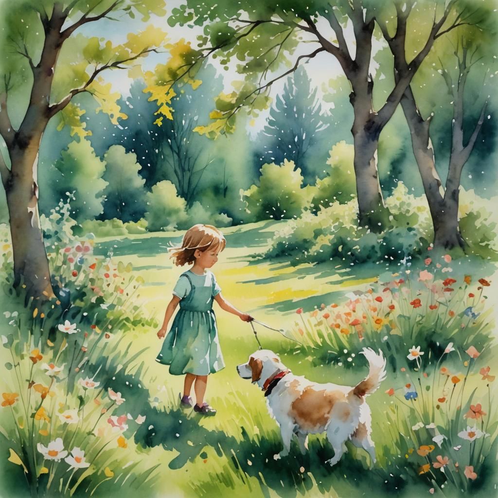 Whimsical Watercolor of Child and Dog in Meadow