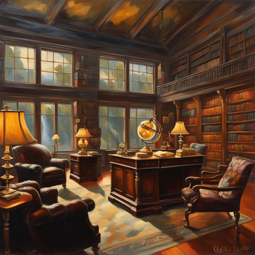 Gilded Age Library in Oil Painting Style