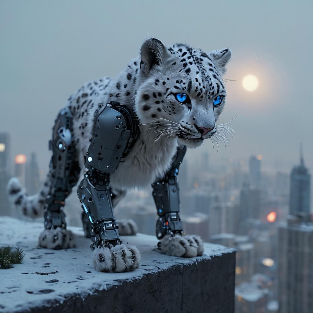 Snow Leopard Cyborg on Skyscraper, Photorealistic