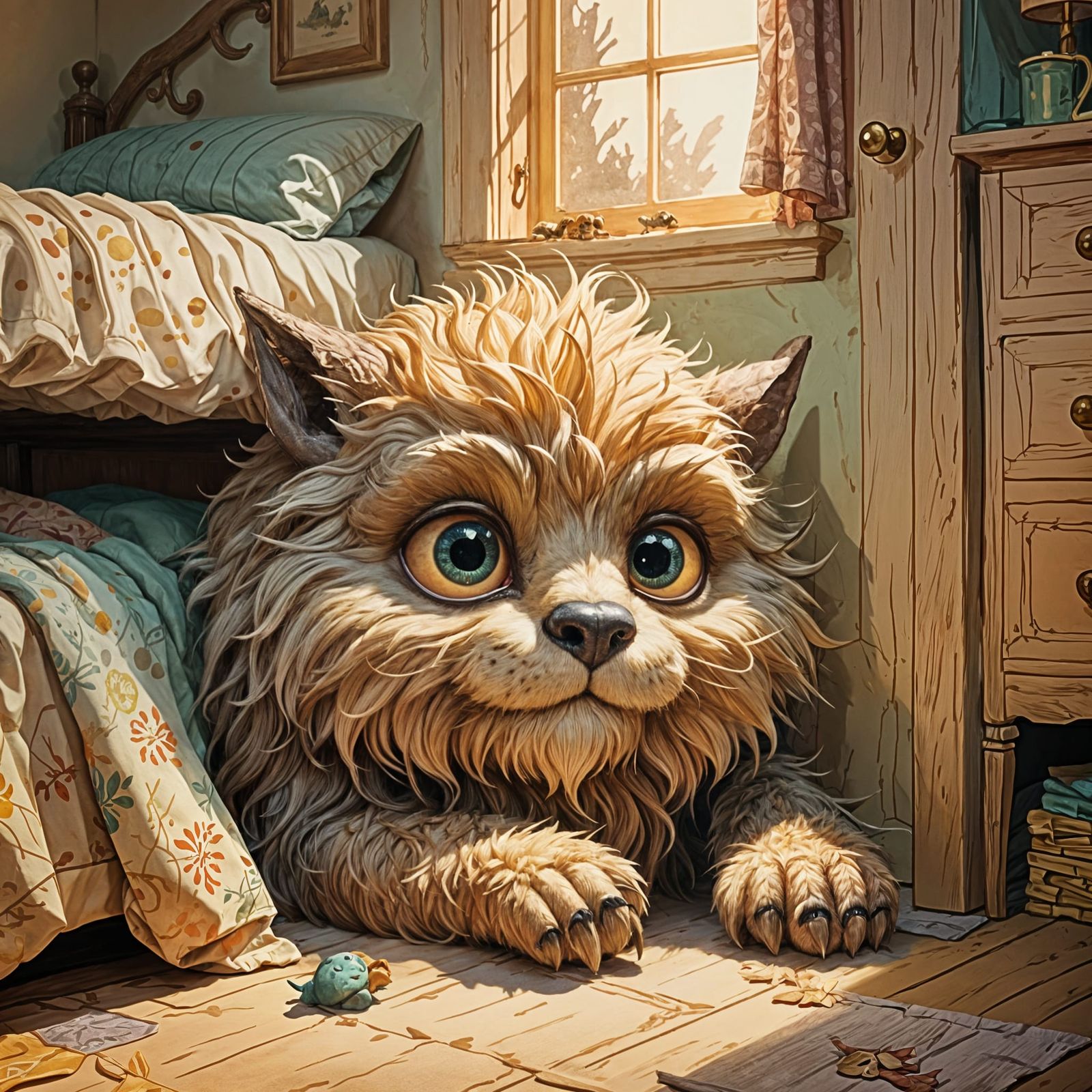 Gentle Fuzzy Monster Hiding Under Bed Corner
