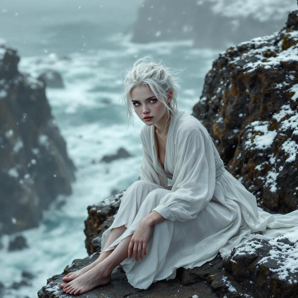 Albino Woman on Cliffs in Hyperrealistic Blizzard