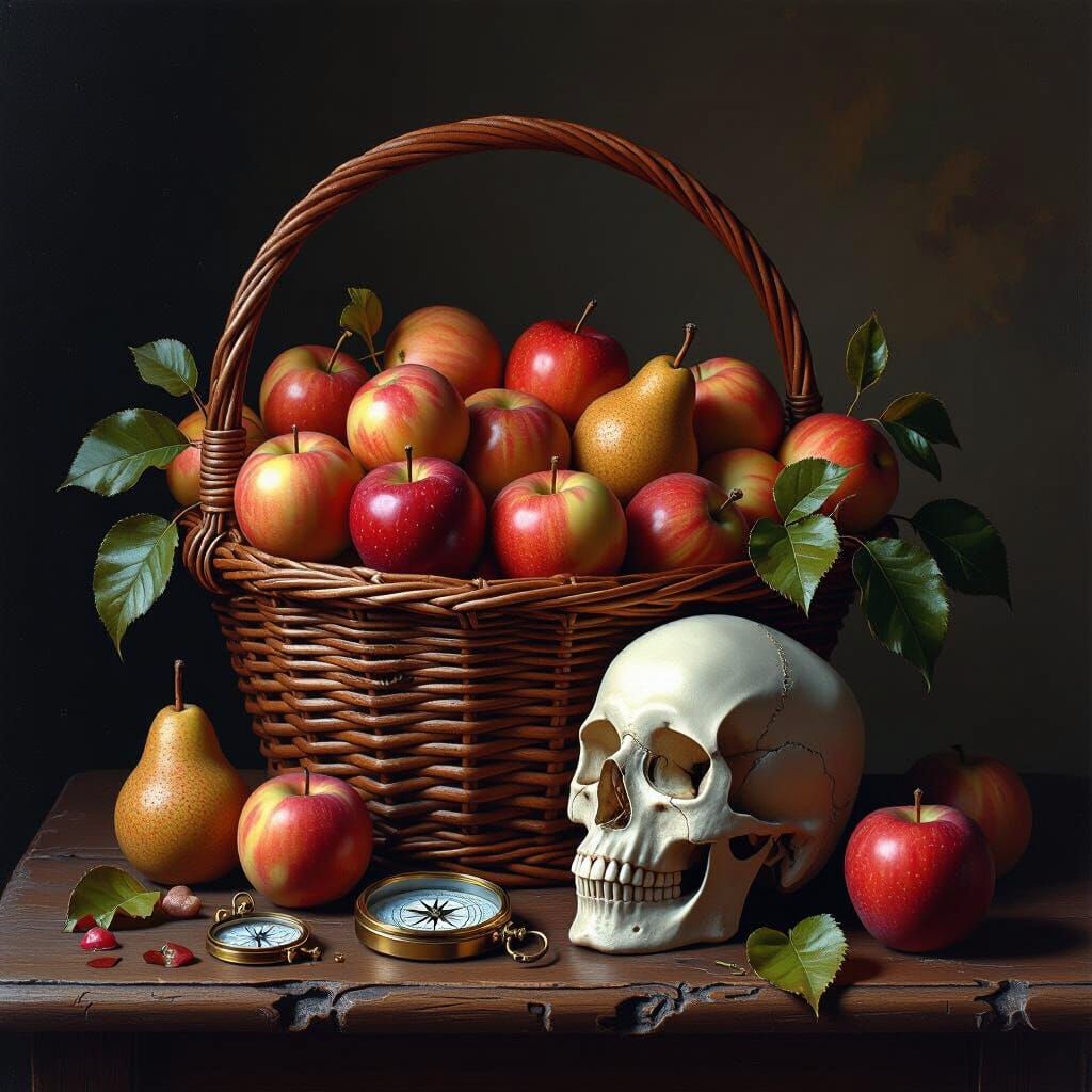 Vanitas Still Life with Skull and Broken Compass