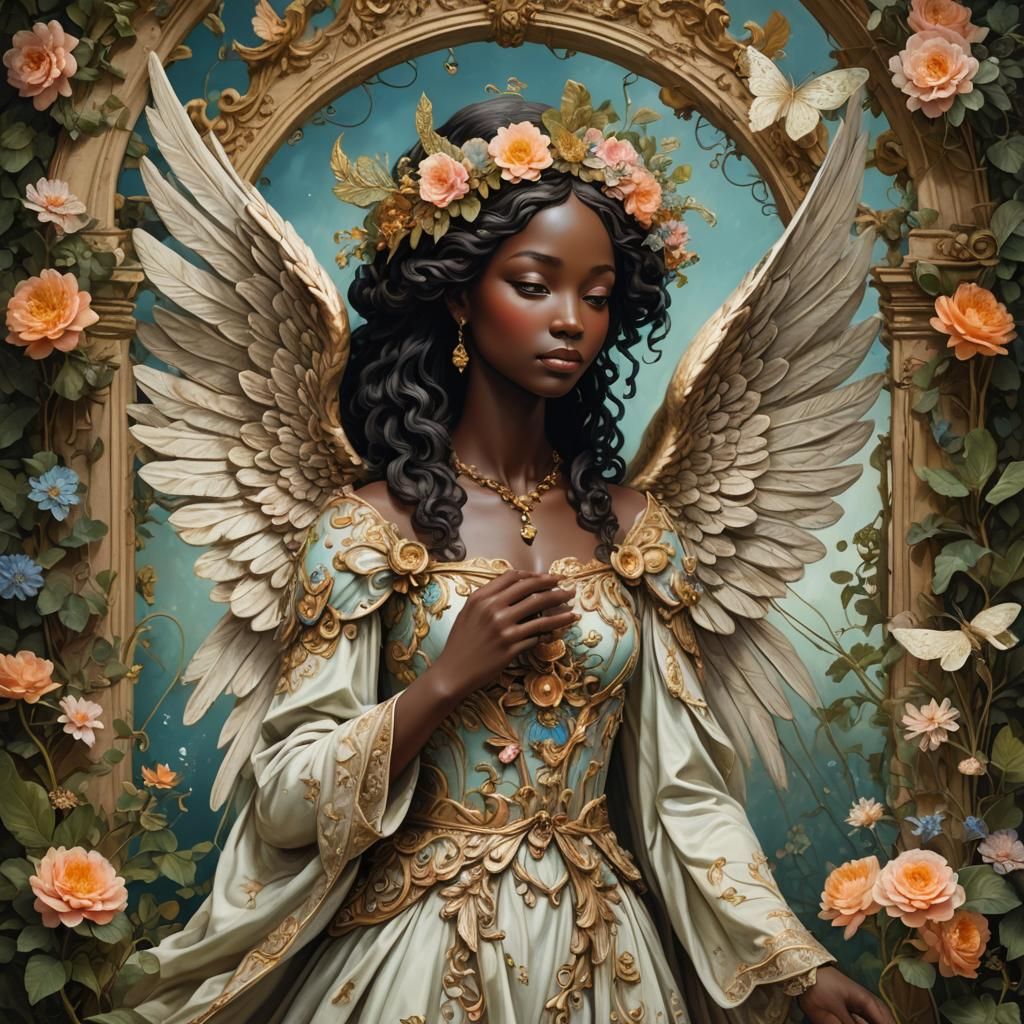 Melanin Angel with Wings in Rococo Style