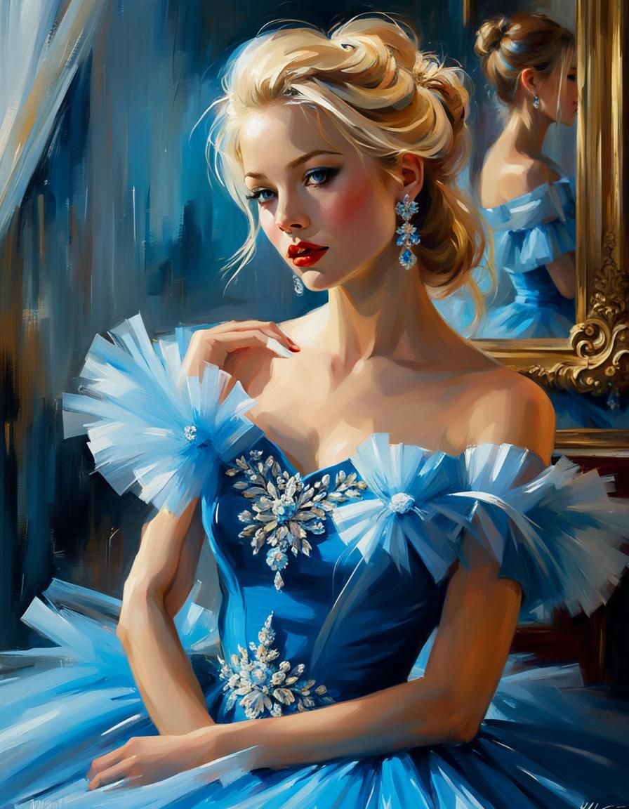 Blonde in Blue Tulle Dress: Impressionist Oil Painting