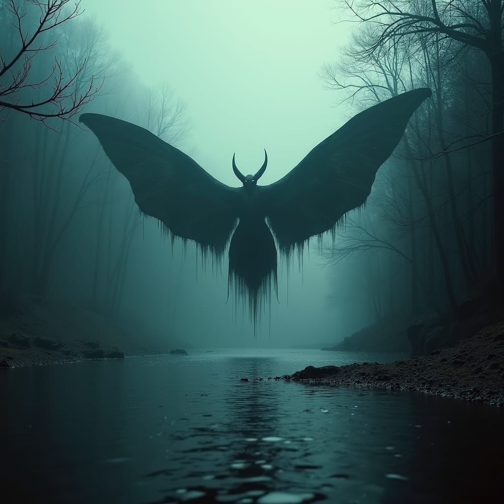 Ominous Mothman Emerges from Misty River