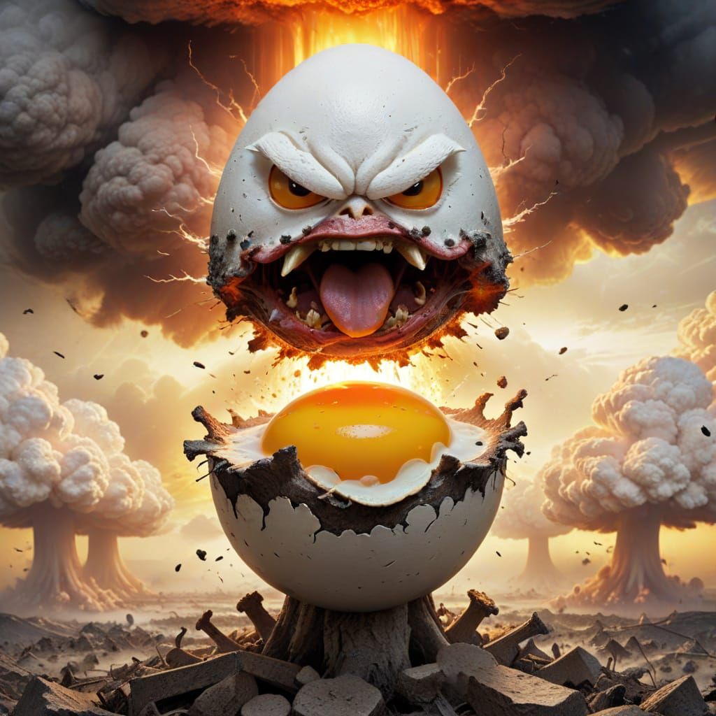 Angry Egg Dominates Nuclear Cloud in Digital Painting