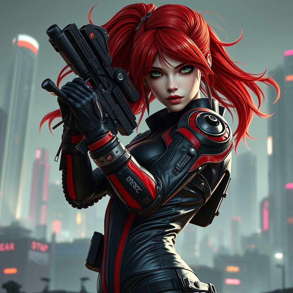 Cyberpunk Gynoid Warrior in Futuristic Motorcycle Suit