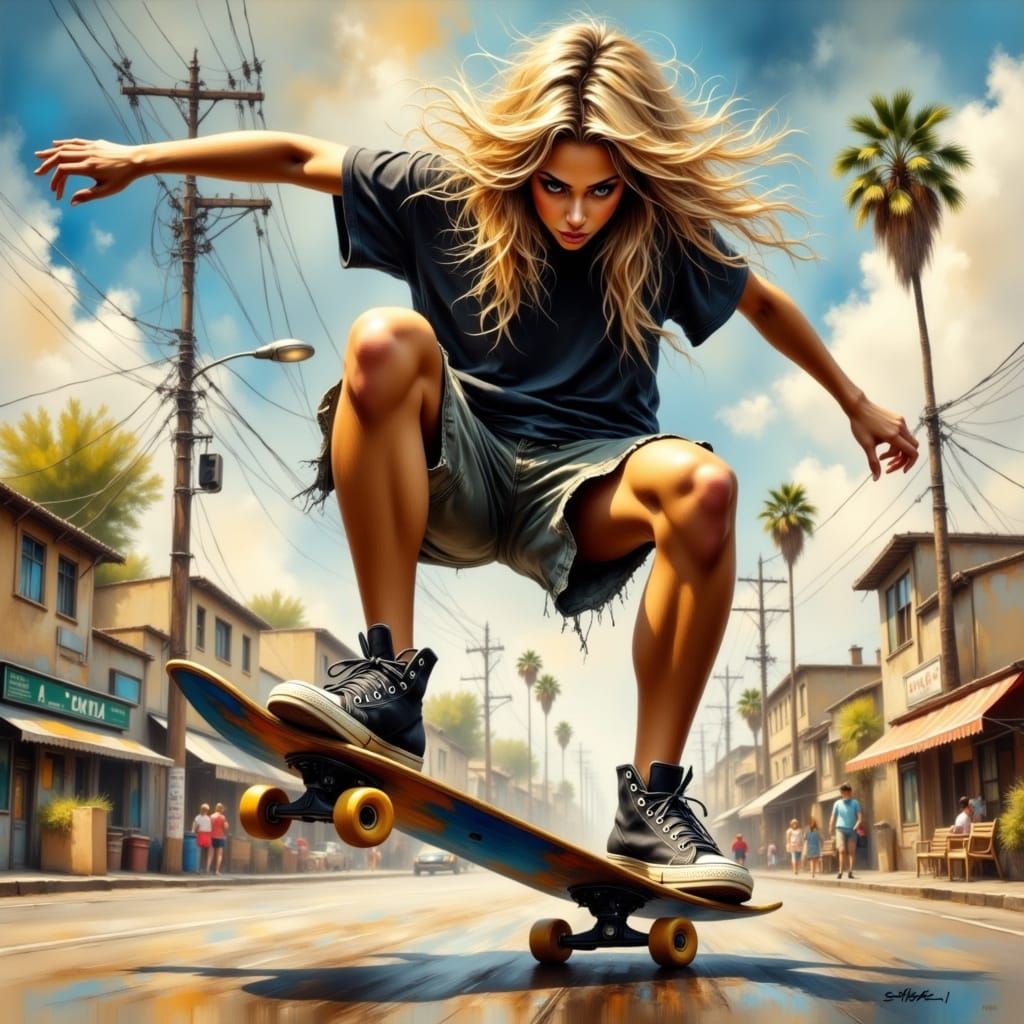 Blonde Girl on Skateboard in Hyperreal Style