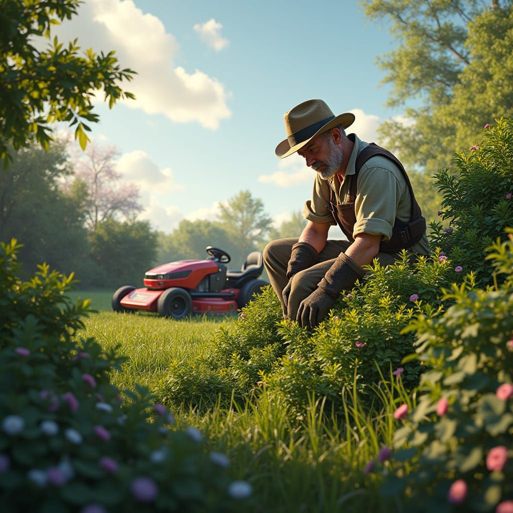 Man Prunes Lush Hedge in Idyllic Garden with Cherry-Red Lawn...