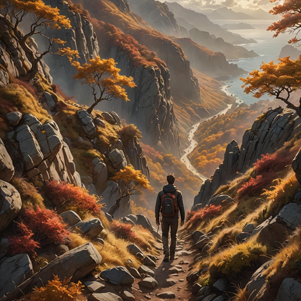 Hiker on Mountain Path in Autumn Sunlight