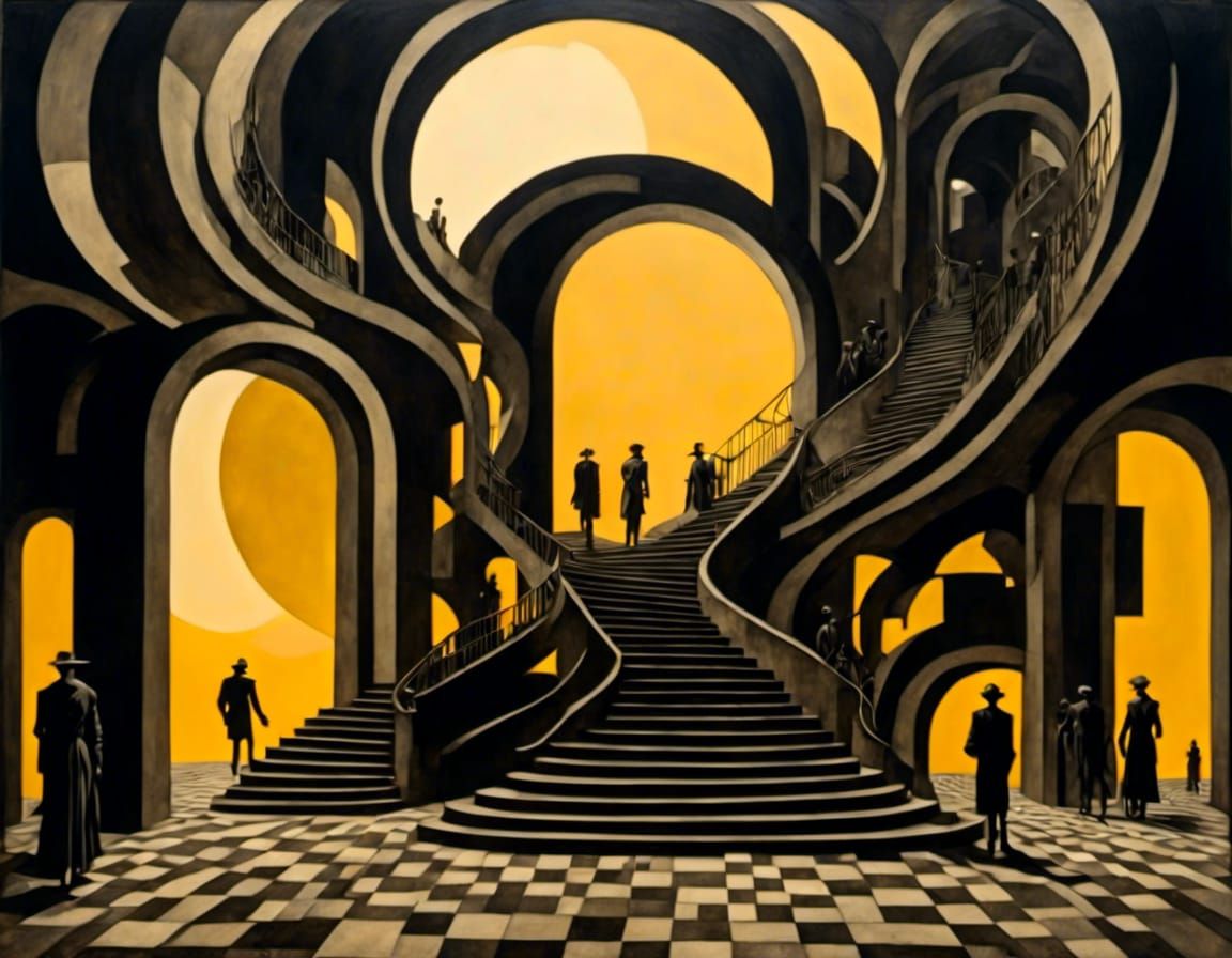 Dystopian Stairway with Androids in Surreal Style