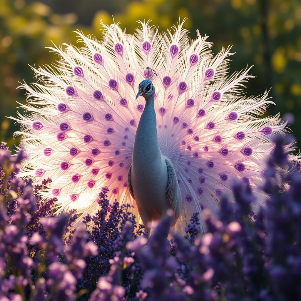 Majestic Albino Peacock Unfurls Iridescent Plumage in Lavend...