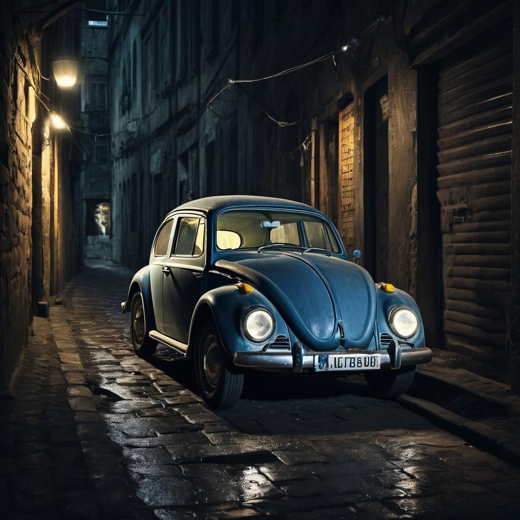 Dusty VW Beetle with Porcelain Finish in Dark Alley