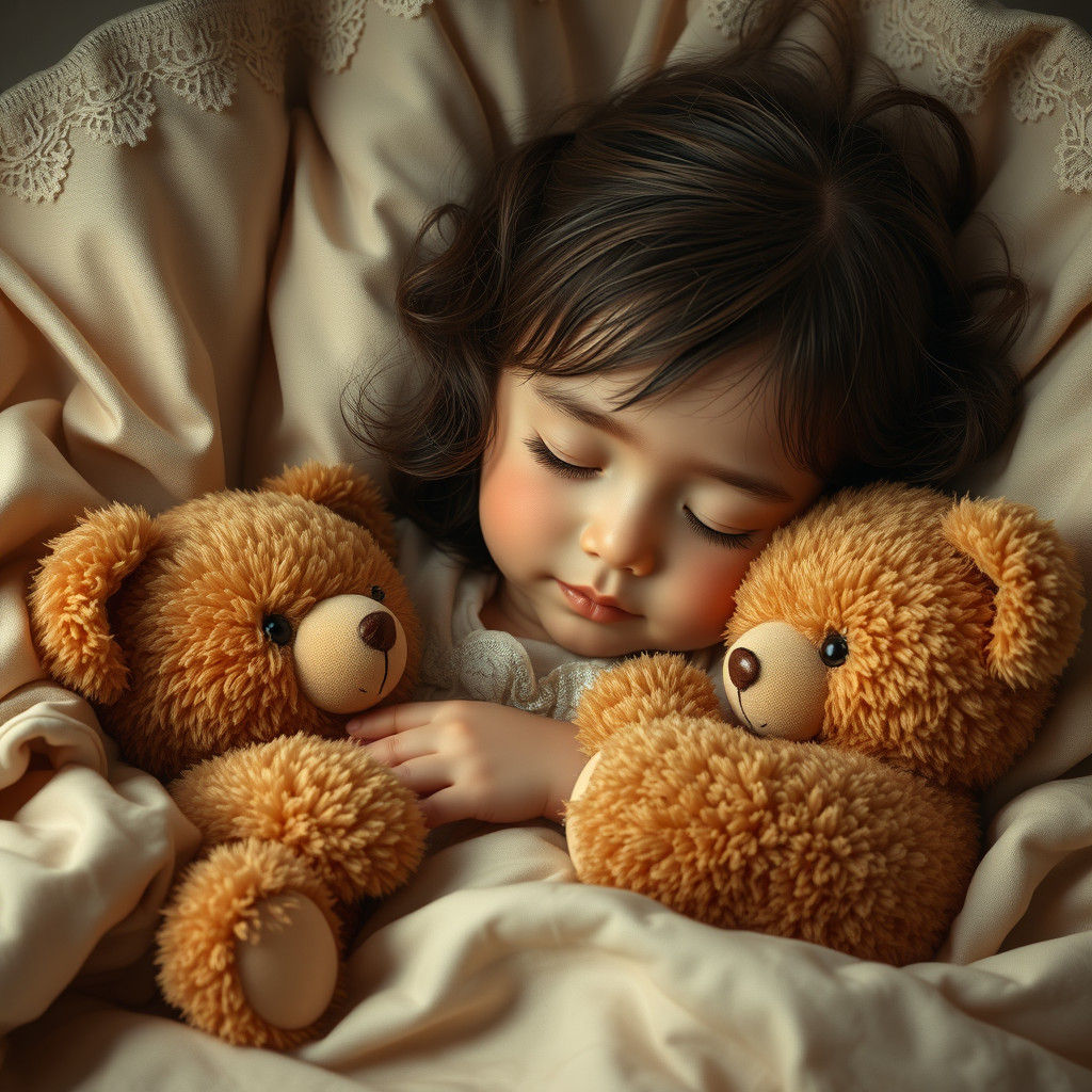 Sleeping Toddler with Teddy Bears: Dreamlike Matte Painting