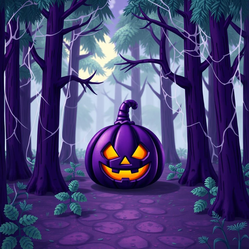 Cute Halloween Forest With Purple Jack O Lantern
