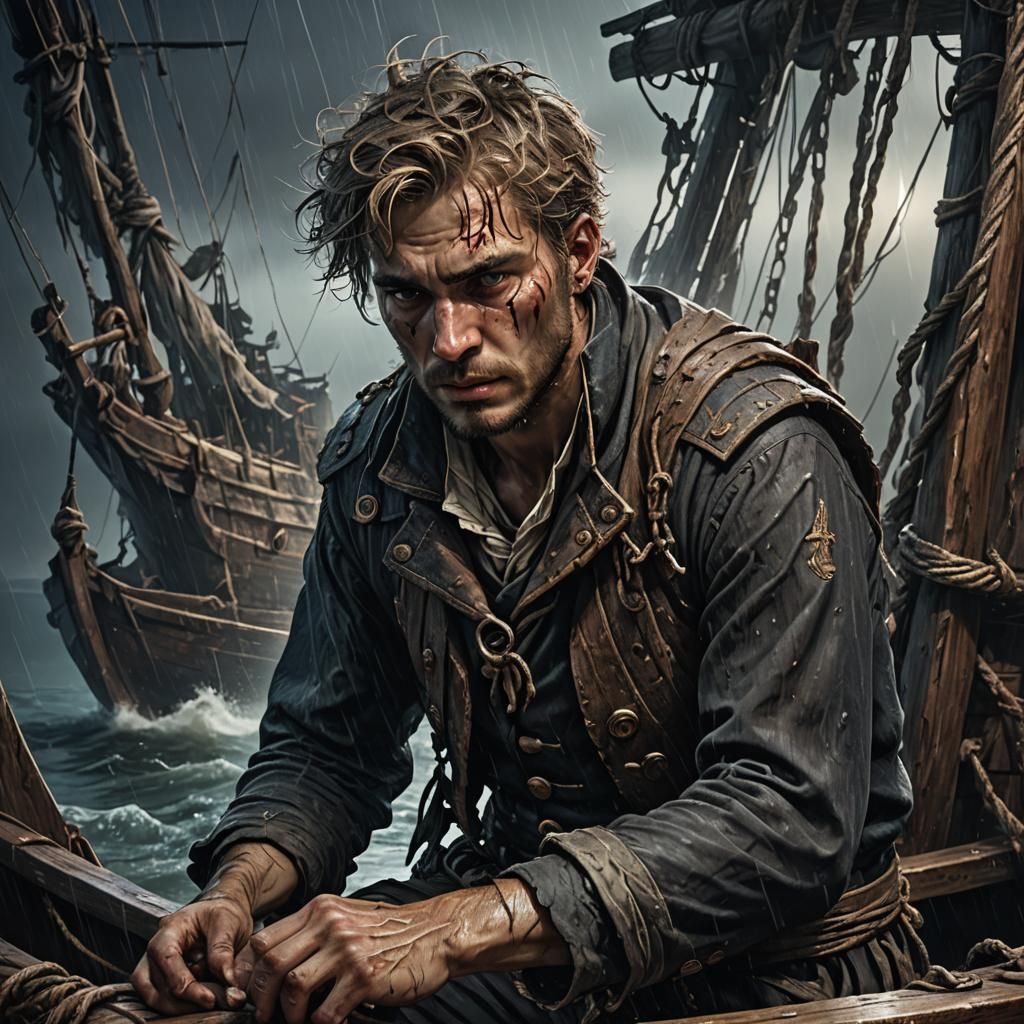 Ominous Dark Fantasy: Sailor's Fear on Decaying Boat