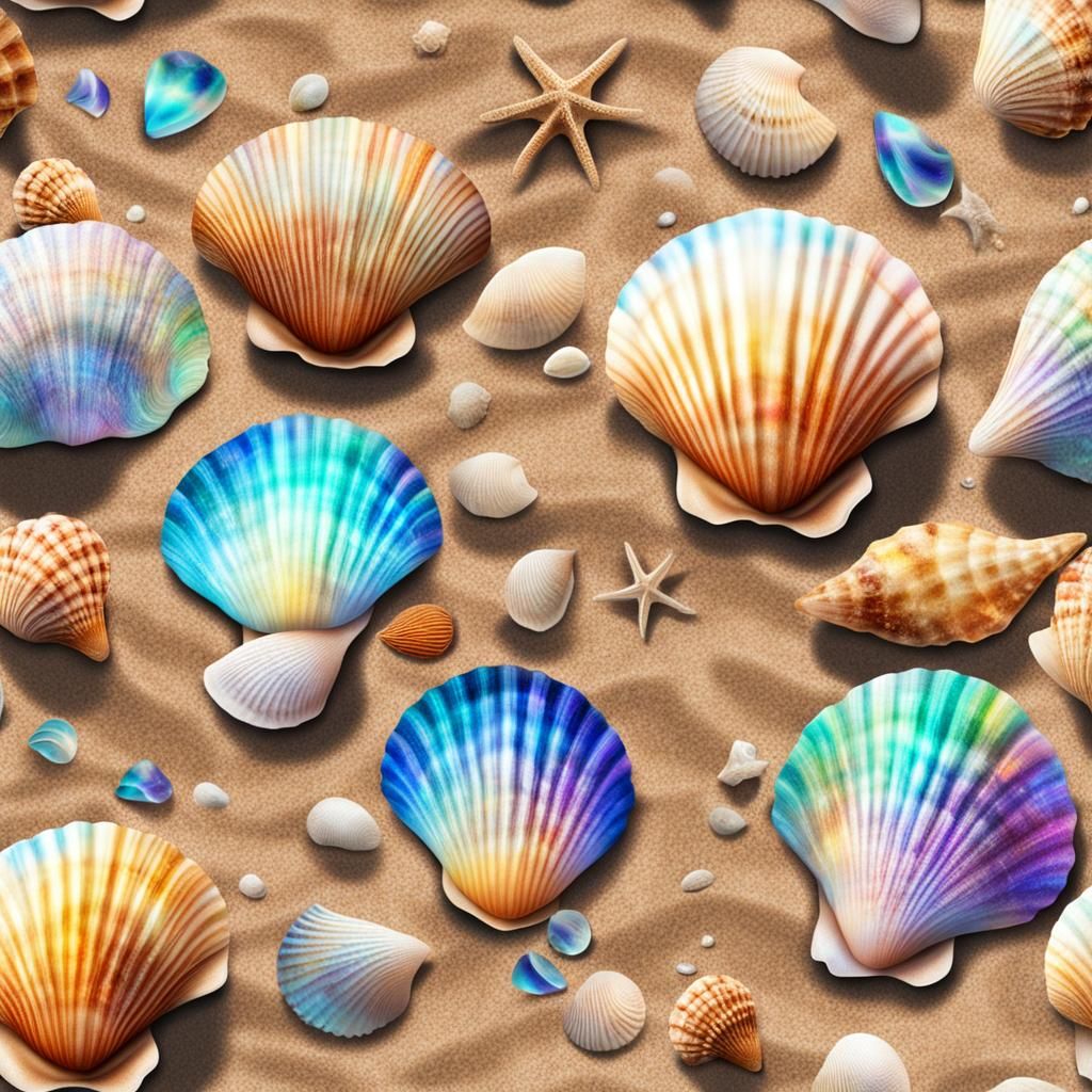 Seashells on Sandy Beach in Cosmic Illustration