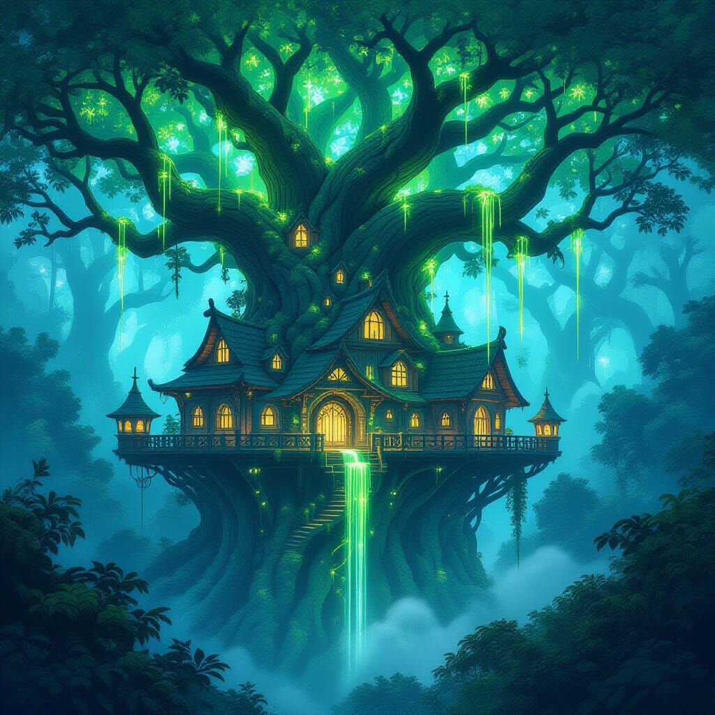 Ancient Treehouse City: Sorcerer's Bioluminescent Sanctuary