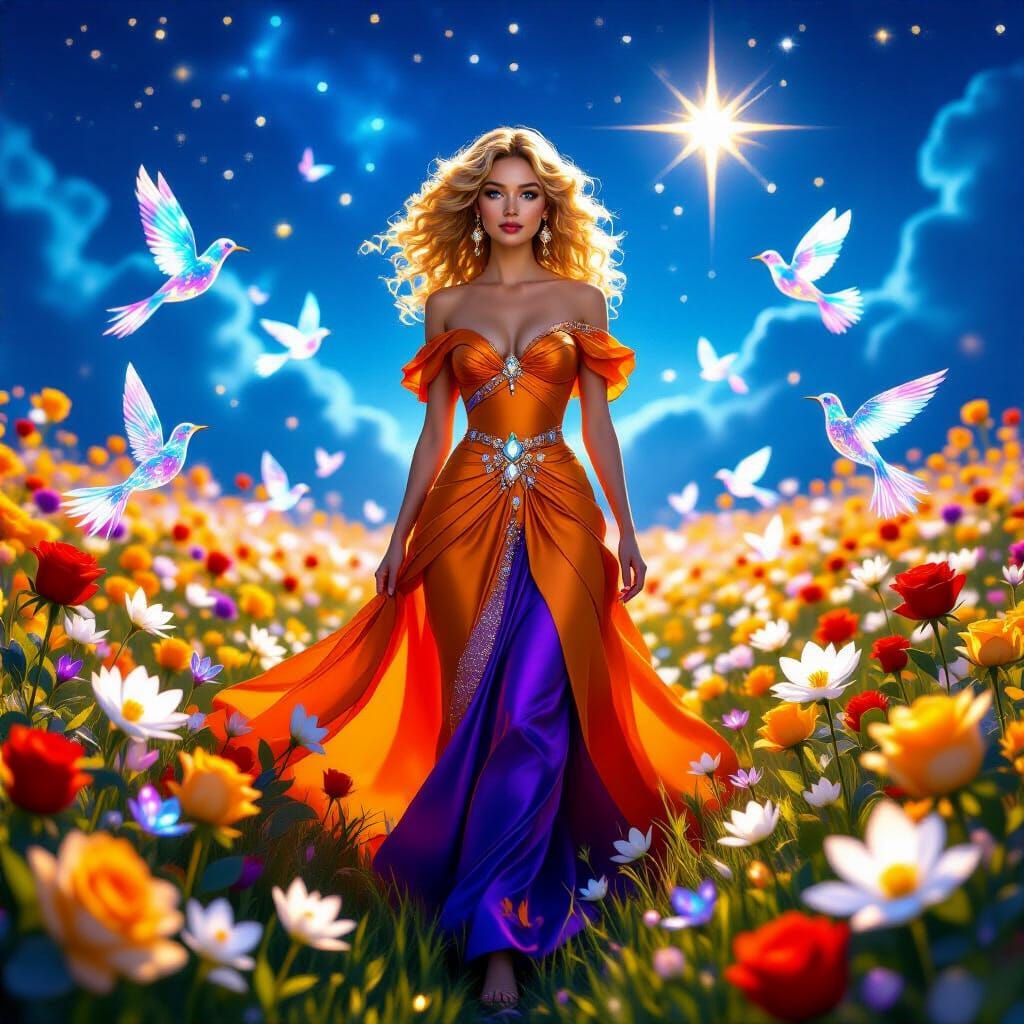 Celestial Woman in Cosmic Meadow of Crystalline Flowers