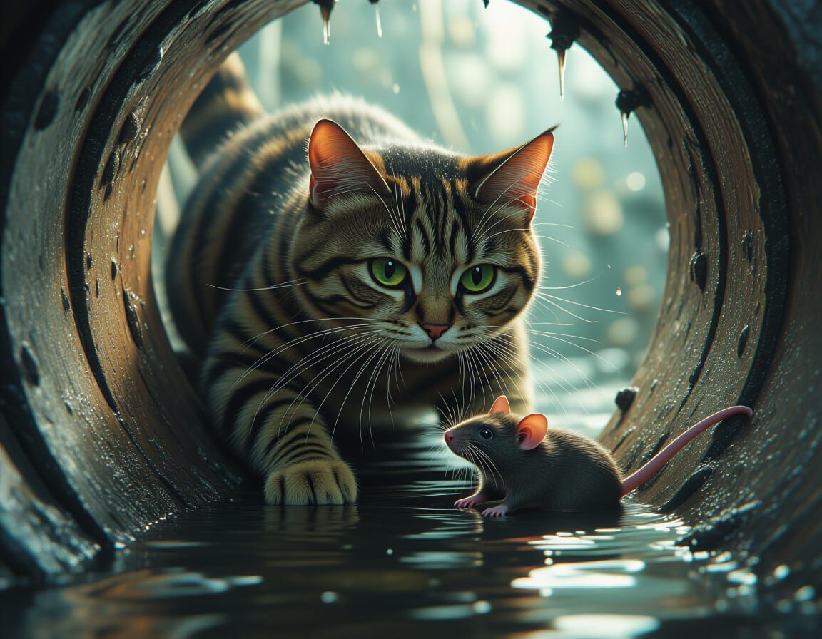 Cat Pouncing on Rat in Sewer, Hyperrealistic Portrait