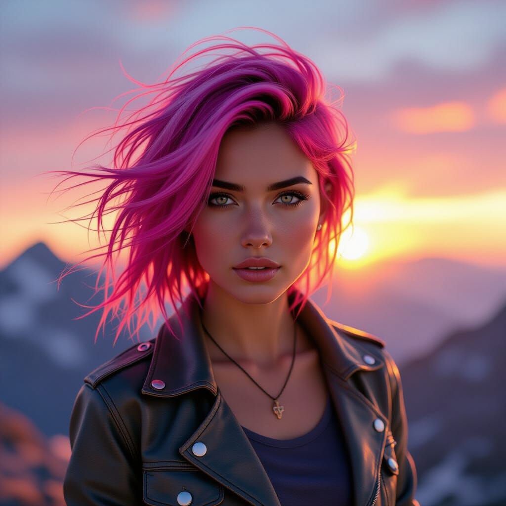 Pink Hair Woman on Mountaintop at Dawn