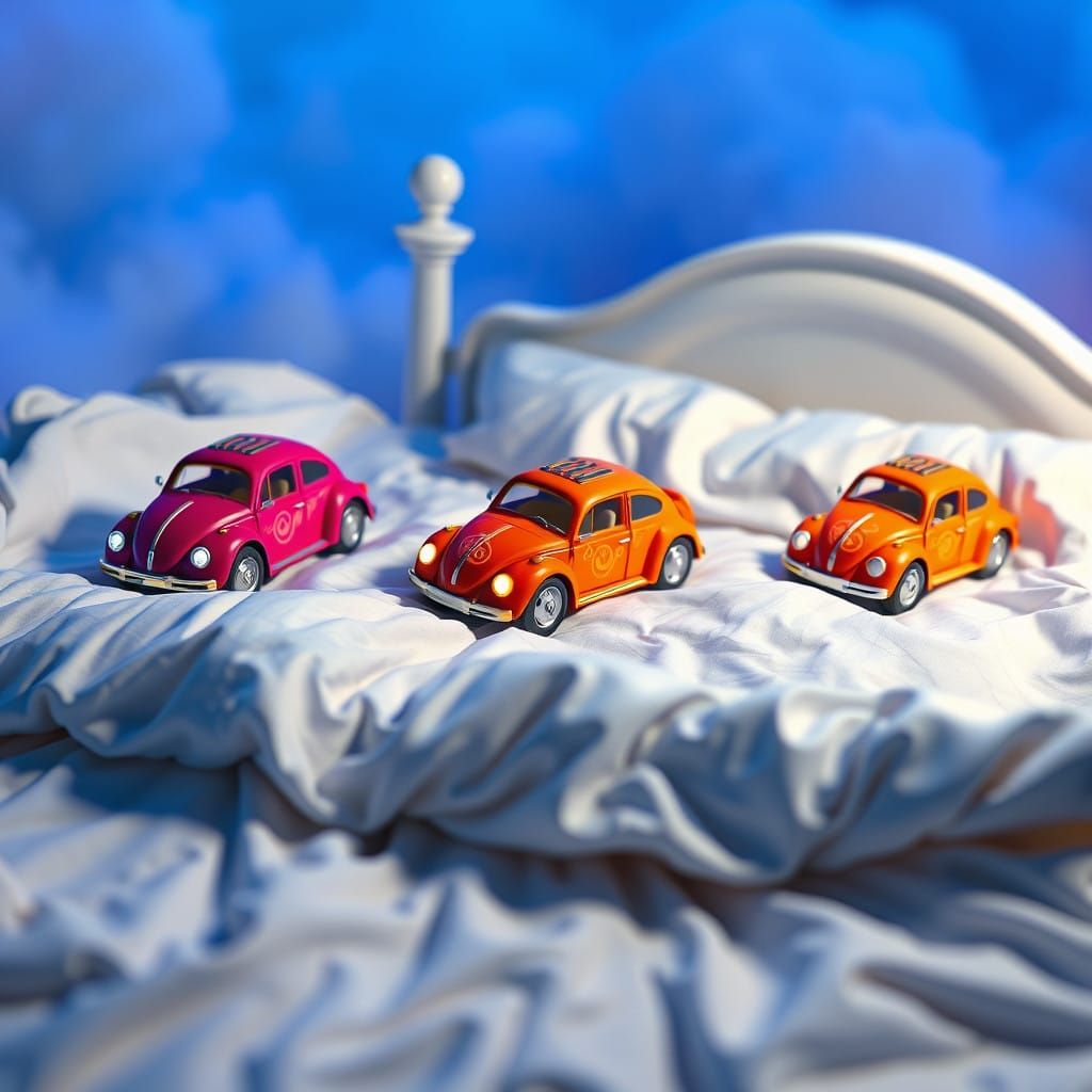 Toy Beetles on Bed in Dreamscape, Matte Painting Style