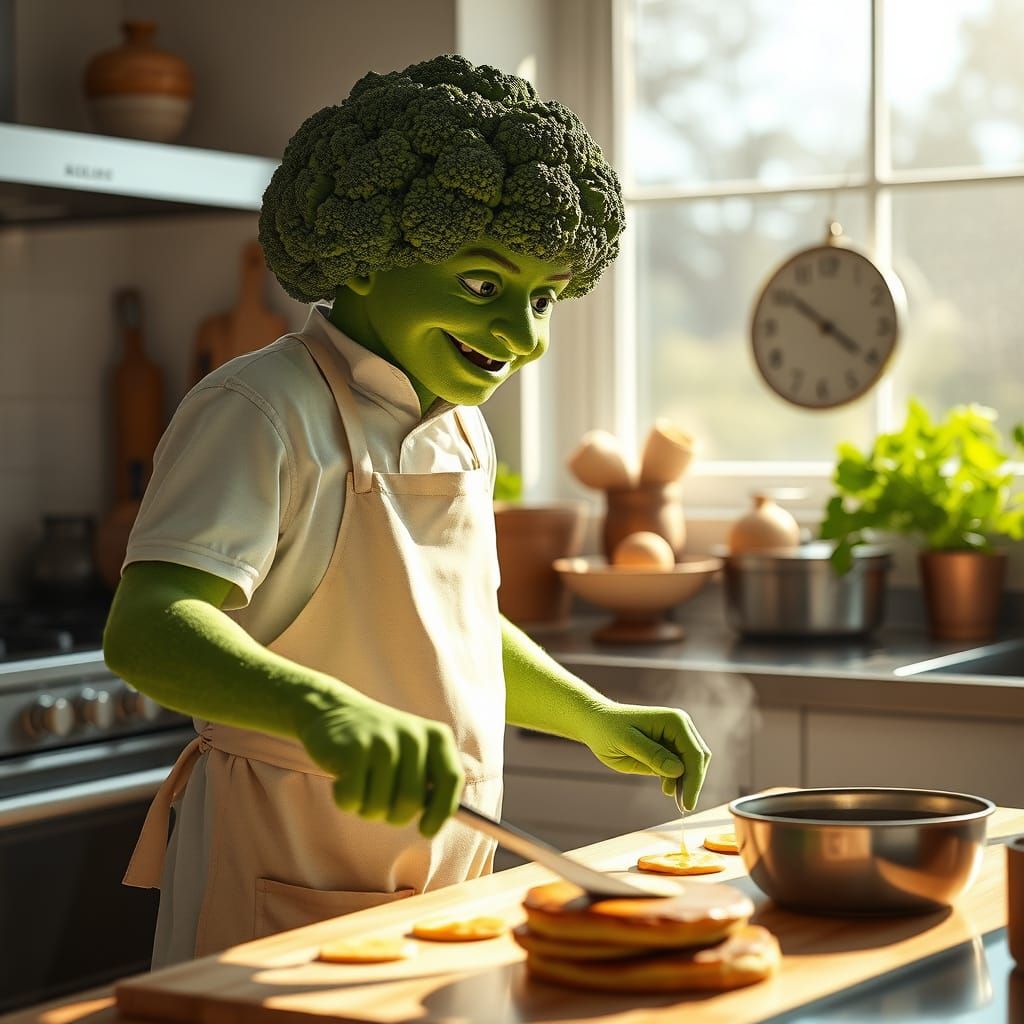 Broccoli Dad Cooks Pancakes in Vegetable World