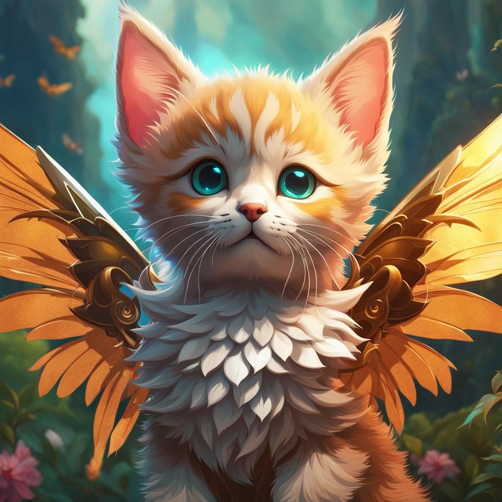 Winged Kitten Concept Art in Hyperdetailed Style