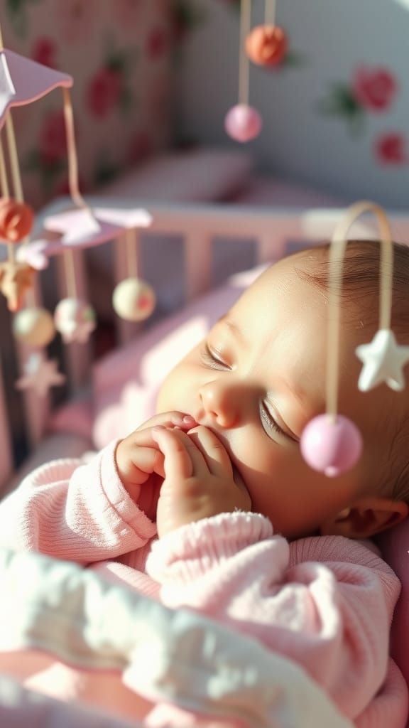 Peaceful Baby Asleep in Pink Nursery, Bokeh Effect