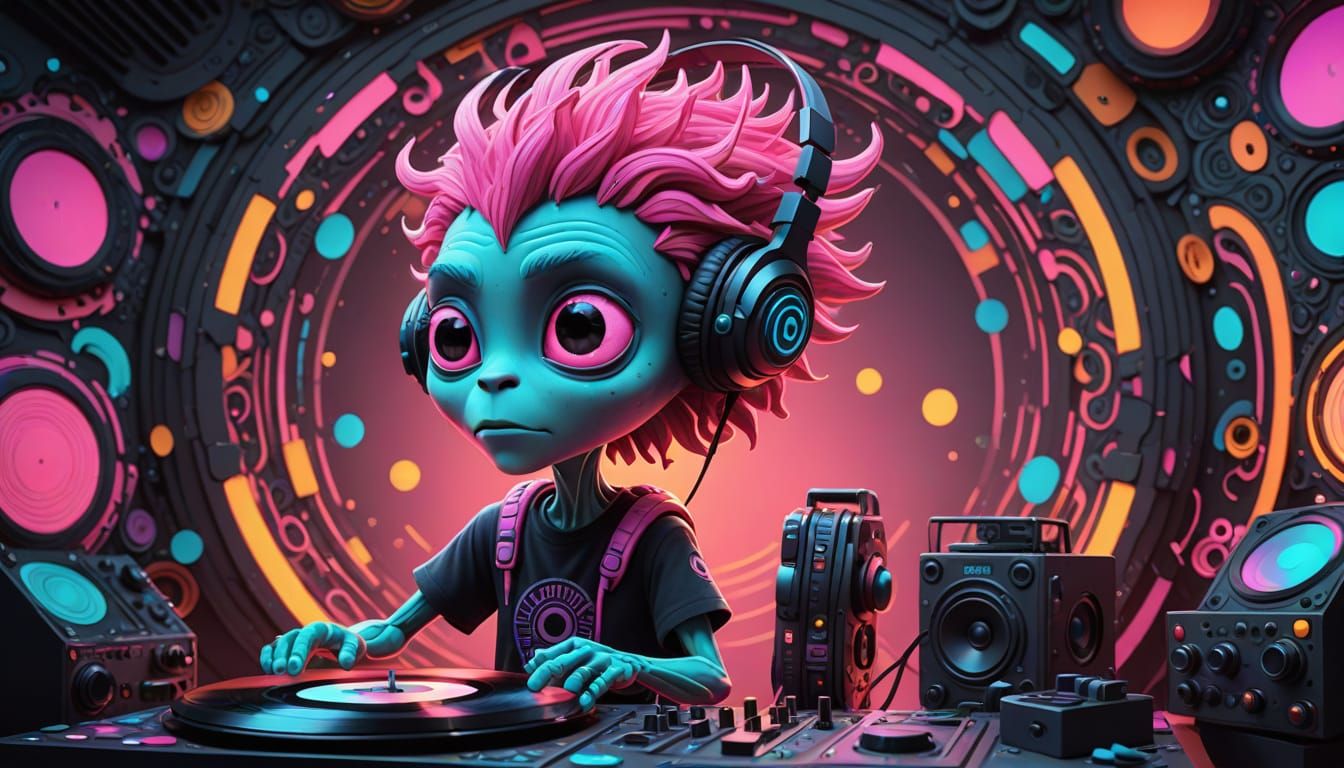 Glowing Neon Pink Alien DJ in a Vibrant Rave Scene