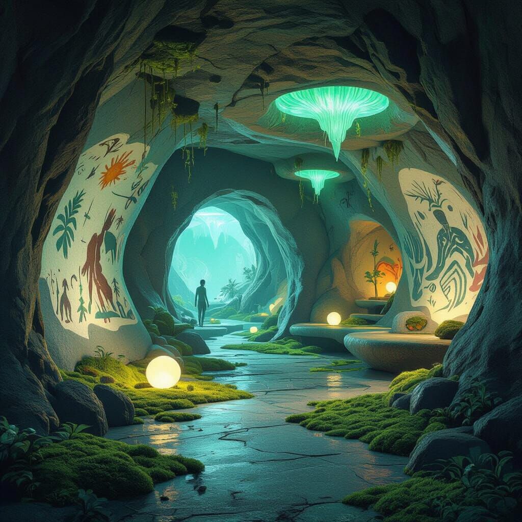 Early Human Cave Dwelling in Frutiger Aero Style