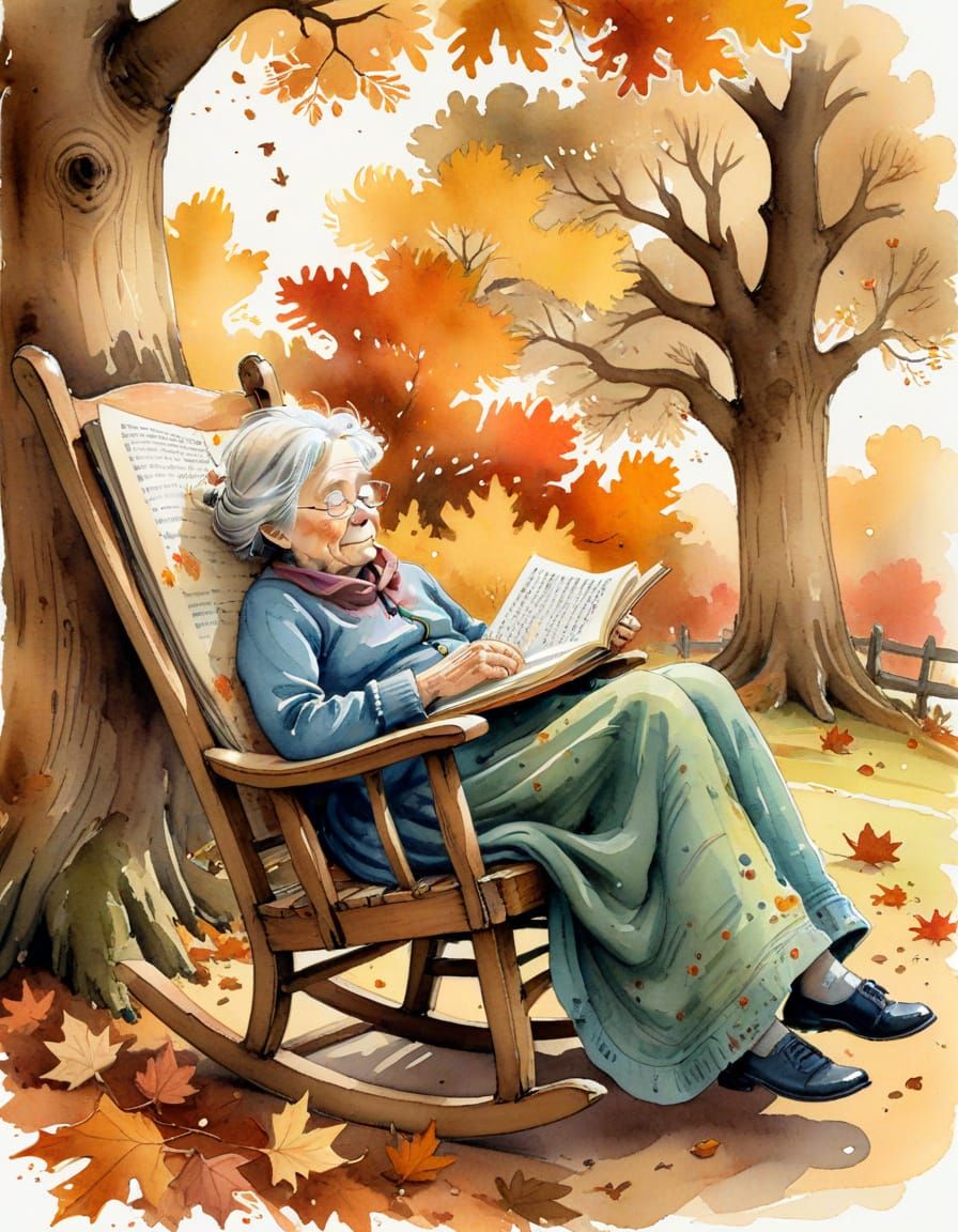 Whimsical Illustration of Old Woman Sleeping Under Oak